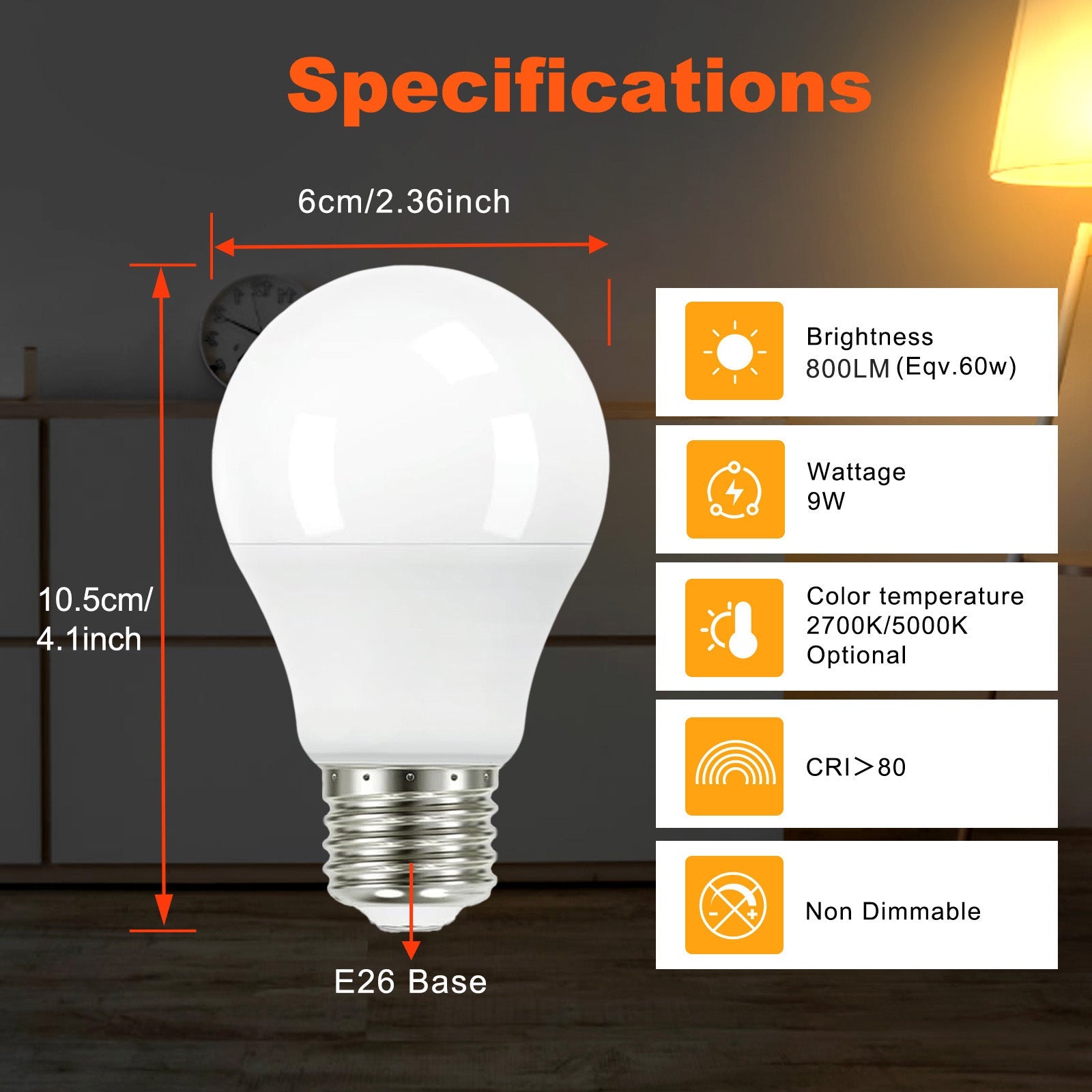 4-Pack A19 LED Light Bulbs, 60W Equivalent, Daylight, E26 Base, Non-Dimmable