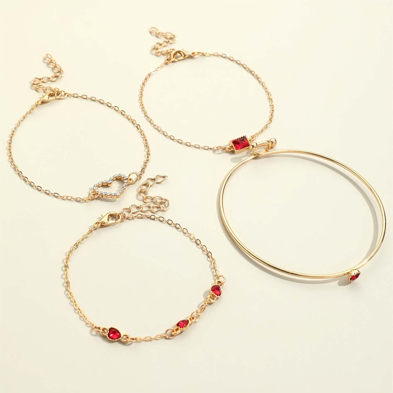 4pcs Rhinestone Alloy Bracelet Set – Minimalist Heart & Square Design